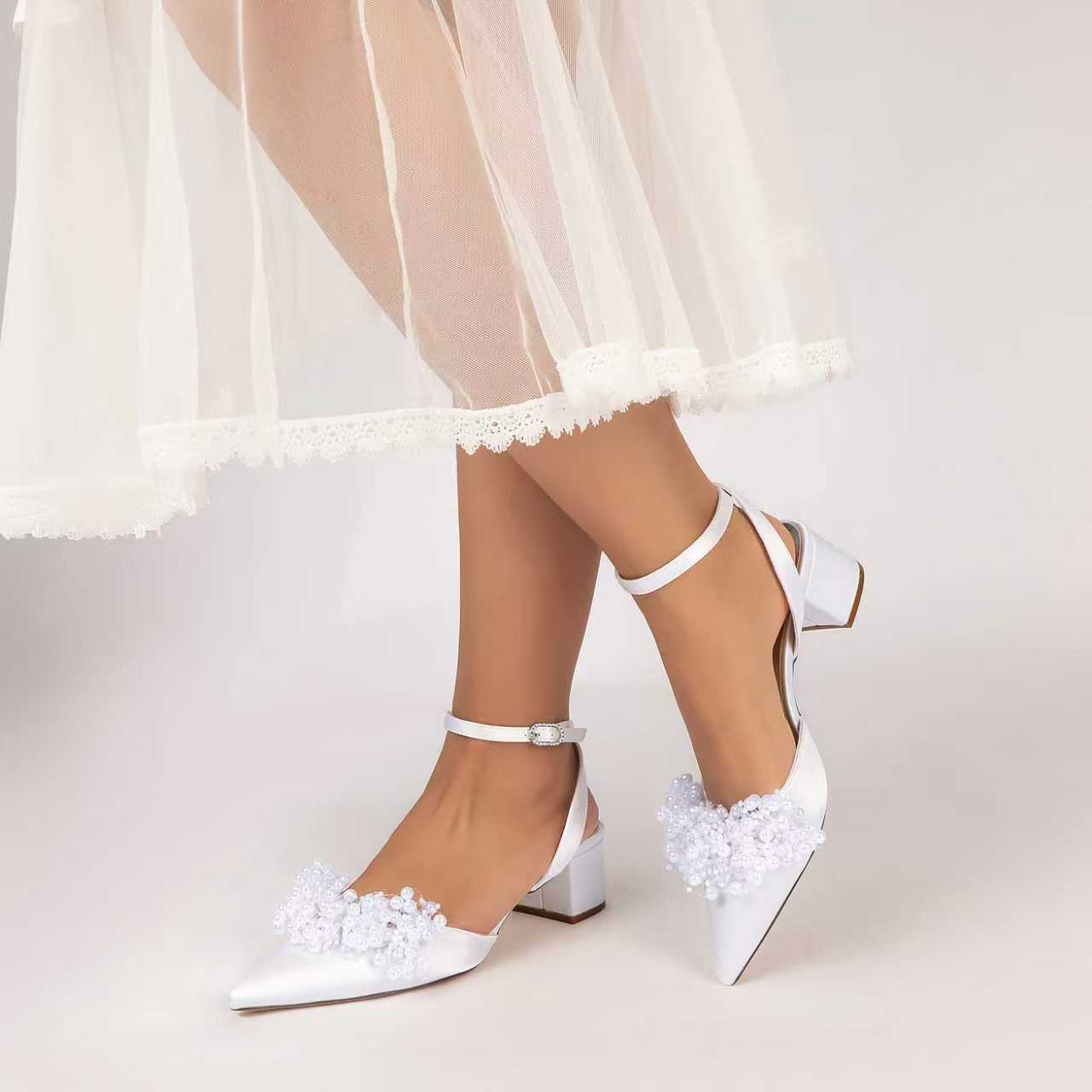 Women's Silk Satin With Closed Toe Ankle Strap Chunky Heel Evening Shoes With Beading
