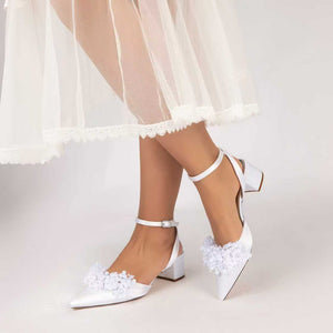 Women's Silk Satin With Closed Toe Ankle Strap Chunky Heel Evening Shoes With Beading