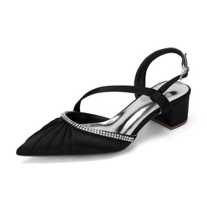 Women's Silk Satin With Closed Toe Ankle Strap Chunky Heel Evening Shoes With Pleats