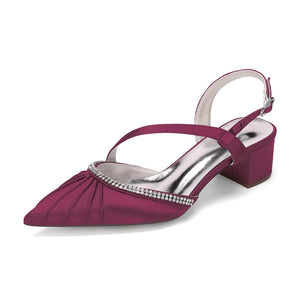 Women's Silk Satin With Closed Toe Ankle Strap Chunky Heel Evening Shoes With Pleats