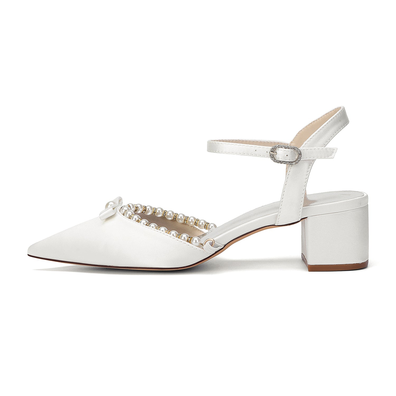 Women's Silk Satin With Closed Toe Ankle Strap Chunky Heel Evening Shoes With Rhinestone & Bowknot