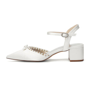 Women's Silk Satin With Closed Toe Ankle Strap Chunky Heel Evening Shoes With Rhinestone & Bowknot