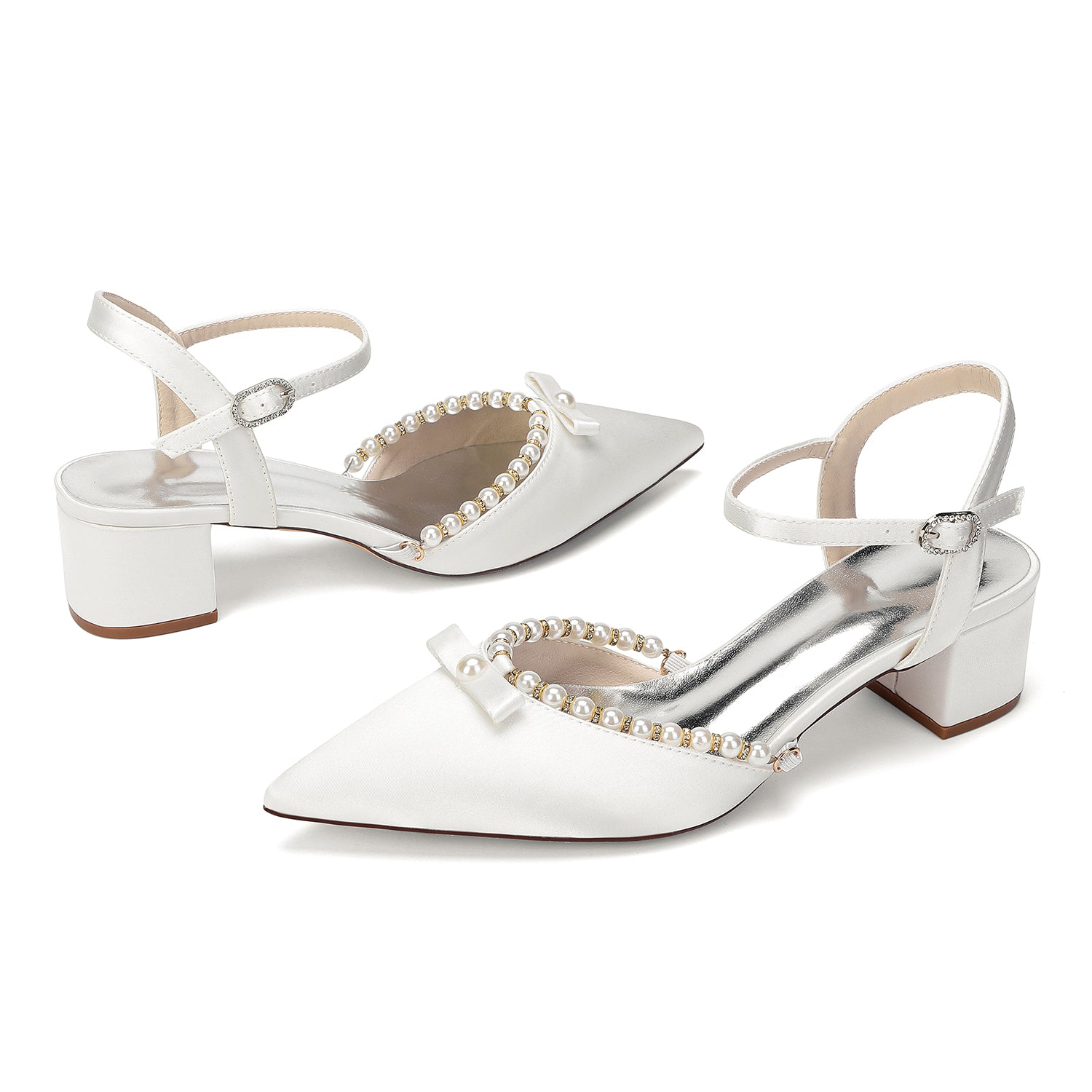 Women's Silk Satin With Closed Toe Ankle Strap Chunky Heel Evening Shoes With Rhinestone & Bowknot
