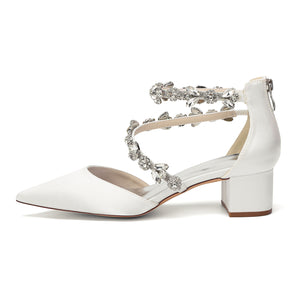 Women's Silk Satin With Closed Toe Ankle Strap Chunky Heel Evening Shoes With Rhinestone