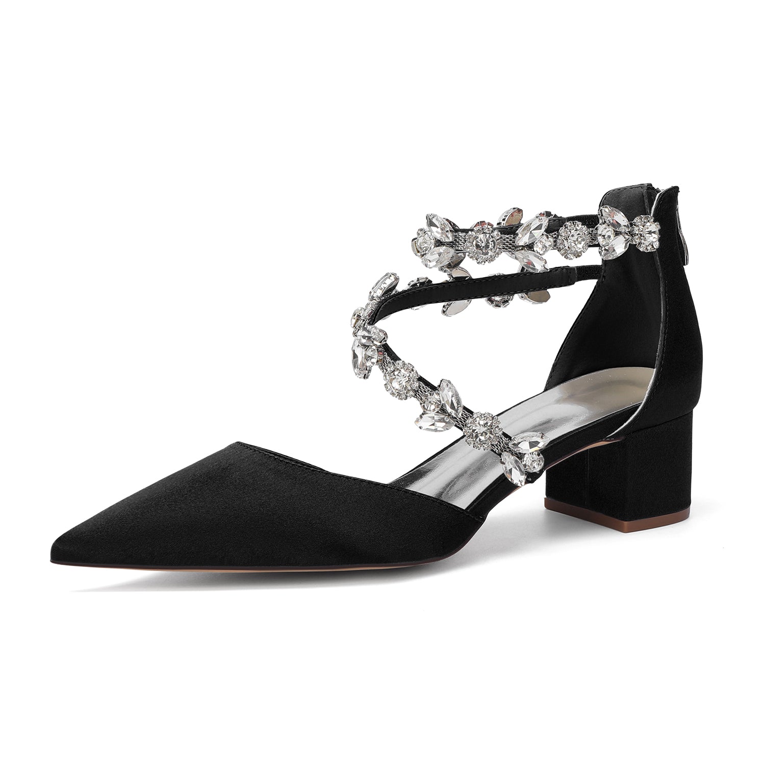 Women's Silk Satin With Closed Toe Ankle Strap Chunky Heel Evening Shoes With Rhinestone