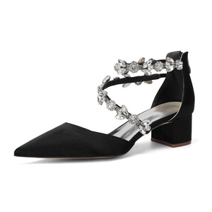 Women's Silk Satin With Closed Toe Ankle Strap Chunky Heel Evening Shoes With Rhinestone