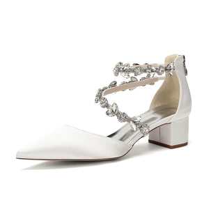 Women's Silk Satin With Closed Toe Ankle Strap Chunky Heel Evening Shoes With Rhinestone