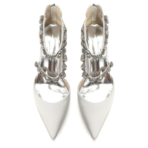 Women's Silk Satin With Closed Toe Ankle Strap Chunky Heel Evening Shoes With Rhinestone