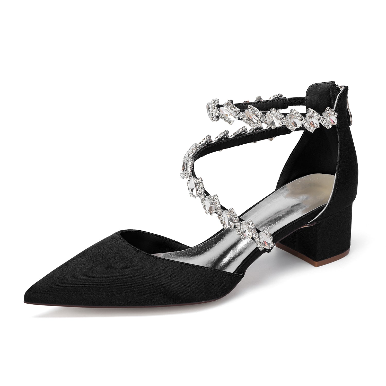 Women's Silk Satin With Closed Toe Ankle Strap Chunky Heel Evening Shoes With Rhinestone