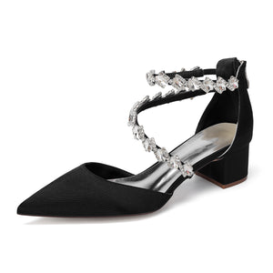 Women's Silk Satin With Closed Toe Ankle Strap Chunky Heel Evening Shoes With Rhinestone