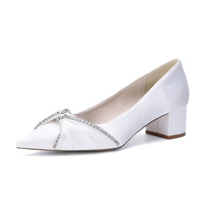 Women's Silk Satin With Closed Toe Ankle Strap Chunky Heel Evening Shoes With Bowknot