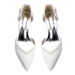 Women's  Silk Satin With Pearl Ankle Strap Closed Toe Chunky Heel Evening Shoes