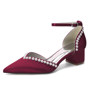 Women's  Silk Satin With Pearl Ankle Strap Closed Toe Chunky Heel Evening Shoes
