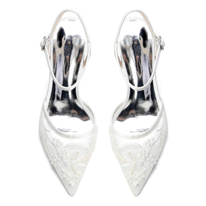 Women's Lace Silk Satin With Ankle Strap Closed Toe Chunky Heel Evening Shoes
