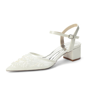Women's Lace Silk Satin With Ankle Strap Closed Toe Chunky Heel Evening Shoes