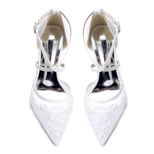 Women's Lace Silk Satin With Closed Toe Ankle Strap Chunky Heel Evening Shoes