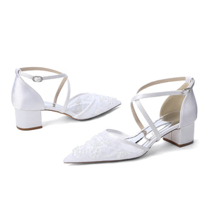 Women's Lace Silk Satin With Closed Toe Ankle Strap Chunky Heel Evening Shoes