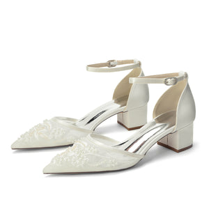 Women's Lace Silk Satin With Closed Toe Ankle Strap Chunky Heel Evening Shoes