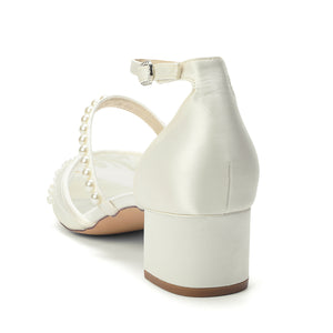 Women's Lace Silk Satin With Lace Closed Toe Ankle Strap Chunky Heel Evening Shoes