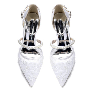 Women's Lace Silk Satin With Lace Closed Toe Ankle Strap Chunky Heel Evening Shoes