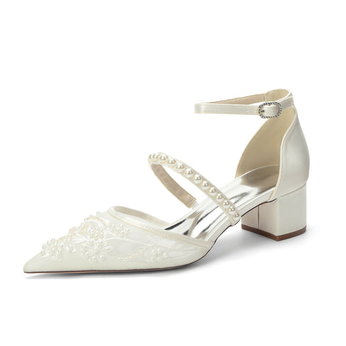 Women's Lace Silk Satin With Lace Closed Toe Ankle Strap Chunky Heel Evening Shoes