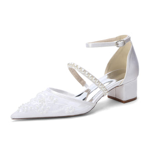Women's Lace Silk Satin With Lace Closed Toe Ankle Strap Chunky Heel Evening Shoes