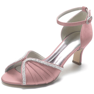 Women's Ankle Strap Silk Satin With Rhinestone Peep Toe Spool Heel Wedding Shoes