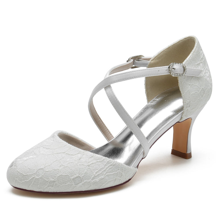 Women s Lace With Ankle Strap Lace Closed Toe Spool Heel Wedding Shoes Lavetir