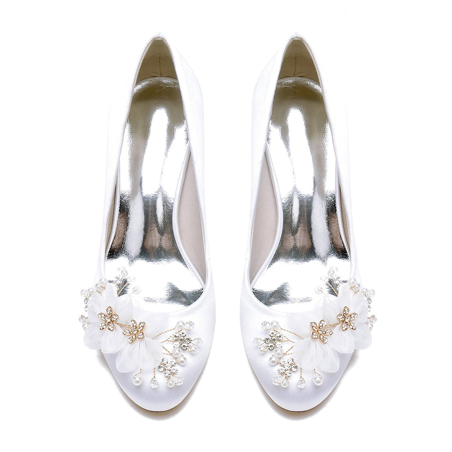 Women's Silk Satin With Flower Closed Toe Spool Heel Wedding Shoes