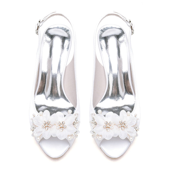 Women's Silk Satin With Flower Peep Toe Spool Heel Party Shoes