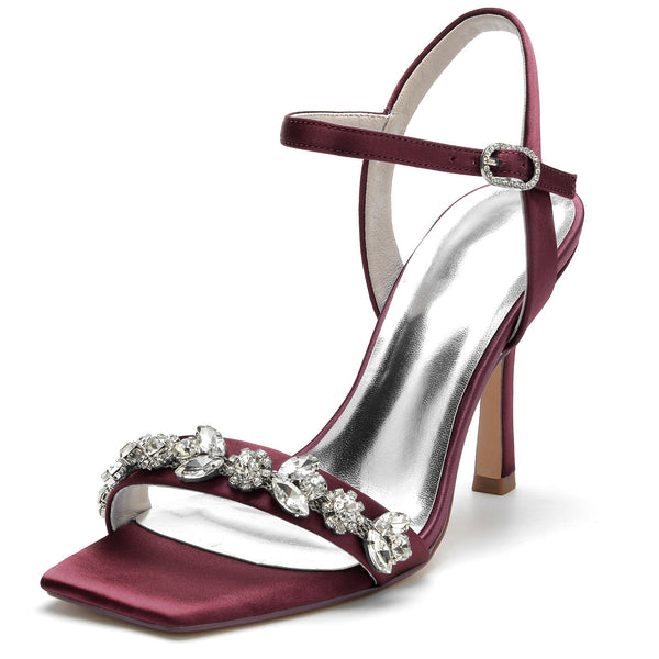 Women's Silk Satin With Rhinestone Peep Toe Ankle Strap Stiletto Heel Evening Shoes
