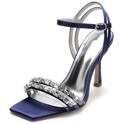 Women's Silk Satin Ankle Strap With Rhinestone Peep Toe Stiletto Heel Party Shoes