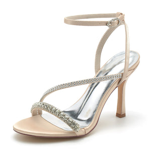 Women's Silk Satin Ankle Strap With Rhinestone Peep Toe Stiletto Heel Evening Shoes