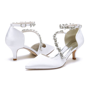 Women's Silk Satin With Ankle Strap Rhinestone Closed Toe Stiletto Heel Wedding Shoes
