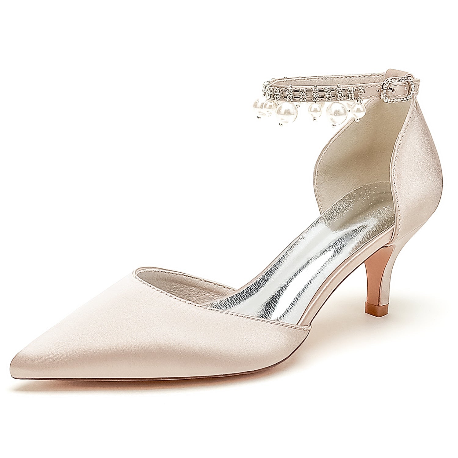 Women's Silk Satin With Ankle Strap Pearl Tassel Closed Toe Stiletto Heel Party Shoes