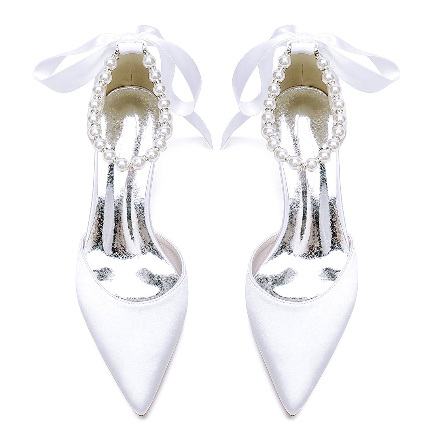 Women's Silk Satin With Lace-up Pearl Closed Toe Ankle Strap Stiletto Heel Wedding Shoes