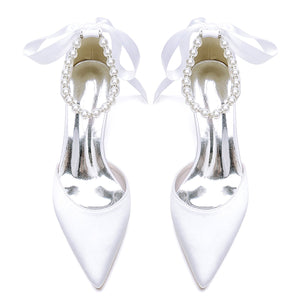 Women's Silk Satin With Lace-up Pearl Closed Toe Ankle Strap Stiletto Heel Wedding Shoes
