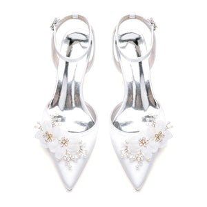 Women's Silk Satin With Flower Closed Toe Ankle Strap Stiletto Heel Party Shoes