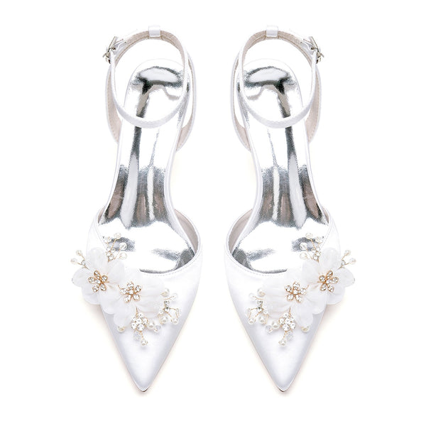 Women's Silk Satin With Flower Closed Toe Ankle Strap Stiletto Heel Party Shoes