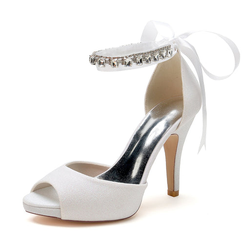 Women's Glitter With Ankle Strap Lace-up Rhinestone Peep Toe Stiletto Heel Wedding Shoes