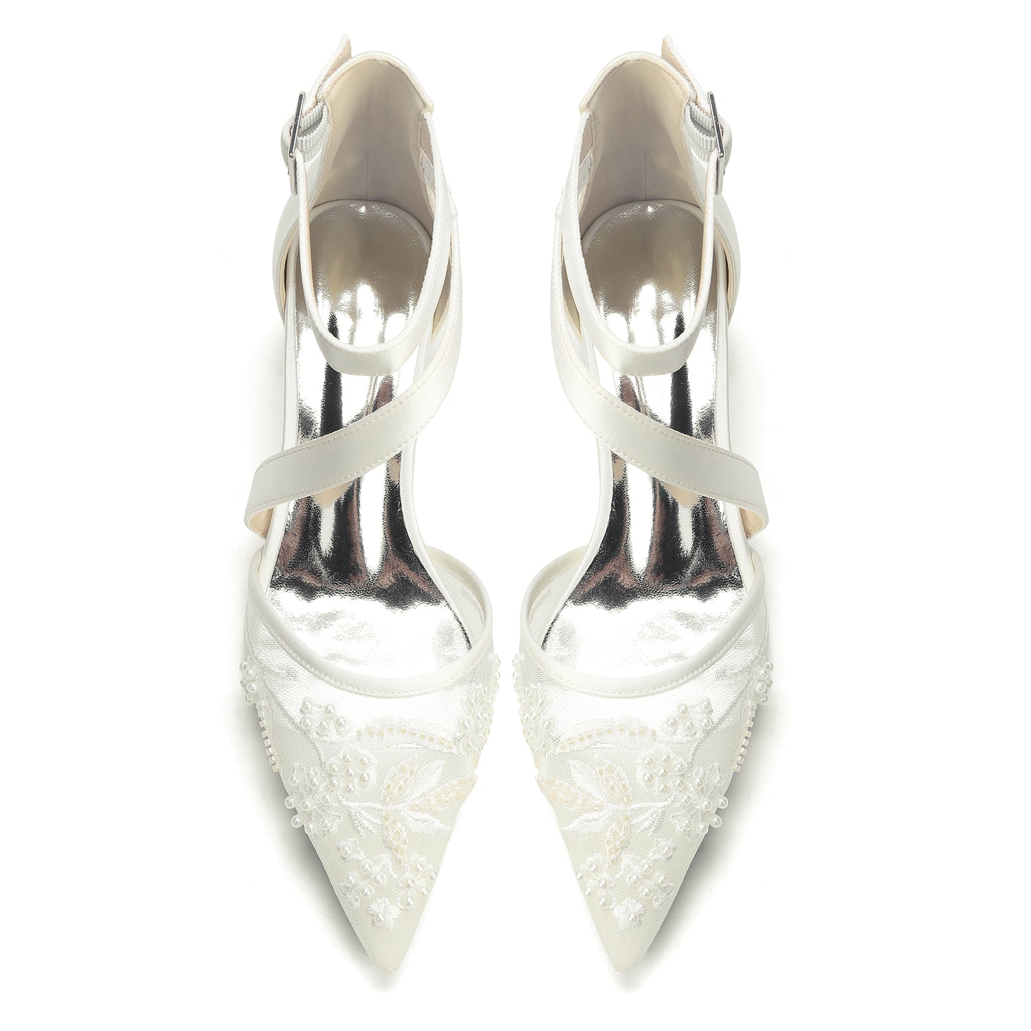 Women's Lace Silk Satin With Lace Closed Toe Ankle Strap Chunky Heel Evening Shoes