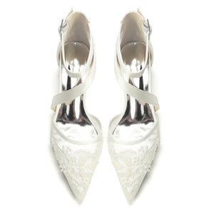 Women's Lace Silk Satin With Lace Closed Toe Ankle Strap Chunky Heel Evening Shoes
