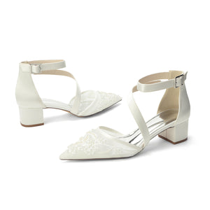 Women's Lace Silk Satin With Lace Closed Toe Ankle Strap Chunky Heel Evening Shoes