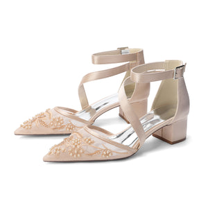 Women's Lace Silk Satin With Lace Closed Toe Ankle Strap Chunky Heel Evening Shoes