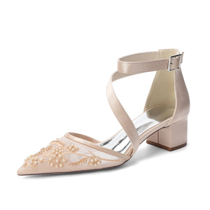 Women's Lace Silk Satin With Lace Closed Toe Ankle Strap Chunky Heel Evening Shoes