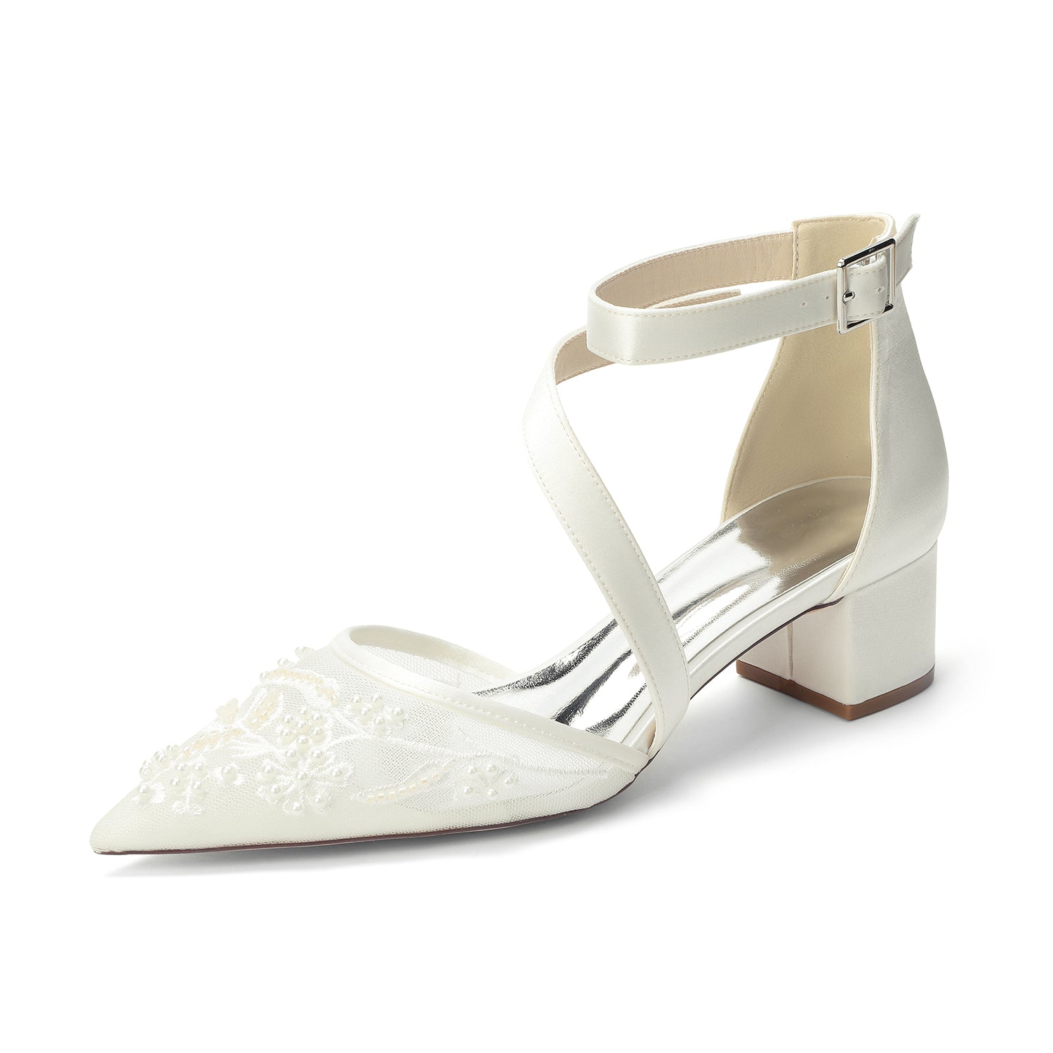 Women's Lace Silk Satin With Lace Closed Toe Ankle Strap Chunky Heel Evening Shoes