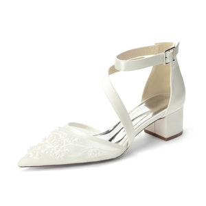 Women's Lace Silk Satin With Lace Closed Toe Ankle Strap Chunky Heel Evening Shoes