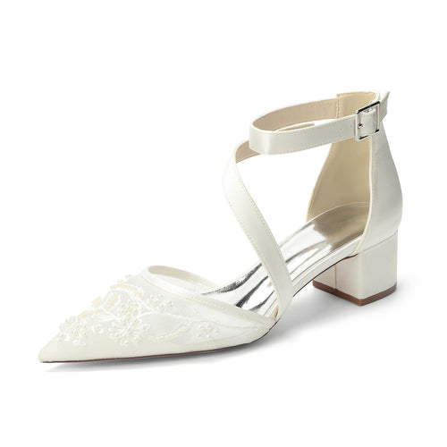 Women's Lace Silk Satin With Lace Closed Toe Ankle Strap Chunky Heel Evening Shoes