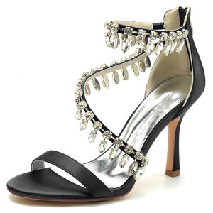 Women's Silk Satin With Ankle Strap Rhinestone Tassel Peep Toe Stiletto Heel Evening Shoes