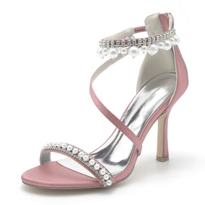 Women's Silk Satin With Ankle Strap Pearl Rhinestone Tassel Peep Toe Stiletto Heel Party Shoes